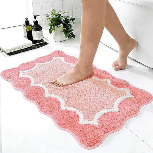 Scalloped Coral Pink Bathroom Rugs Mat,Non Slip Absorbent Quick Dry Bath Mats for Shower Room,Plush Microfiber Bath Rug for Bathroom Floor Washable Carpet for Shower Tub Sink Bedroom,16"x24"