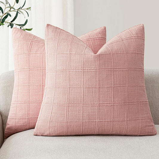 Foindtower Set of 2 Decorative Linen Check Throw Pillow Covers Neutral Farmhouse Vintage Cushion Covers Modern Boho Accent Home Decor for Sofa Chair Couch Bedroom Living Room,18×18 Inch,Light Pink