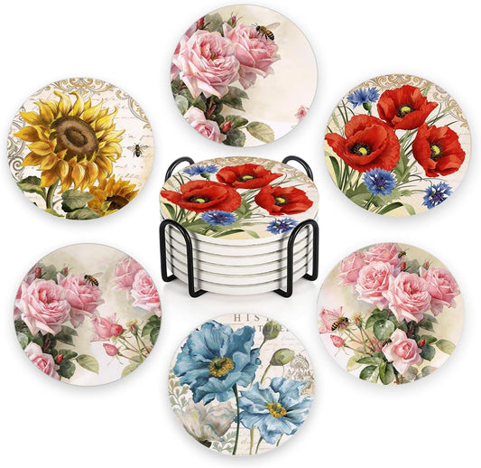 Botanical Art Ceramic Coasters, Set of 6 - Pink Rose Sunflower & Bee Garden Painting, Poppy Flower Floral Round Absorbent Coaster for Drinks, Vintage Elegant Home Table Decor, Gift for Her