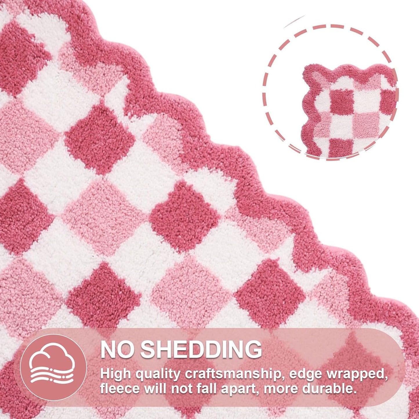 ORTIGIA Cute Pink Checkered Scalloped Bath Mat, Fun Plush Microfiber Bathroom Rugs Non Slip Washable Quick Dry Absorbent, Bath Rug Carpet for Shower Stall Vanities Kitchen Floor Entrance, 20x32