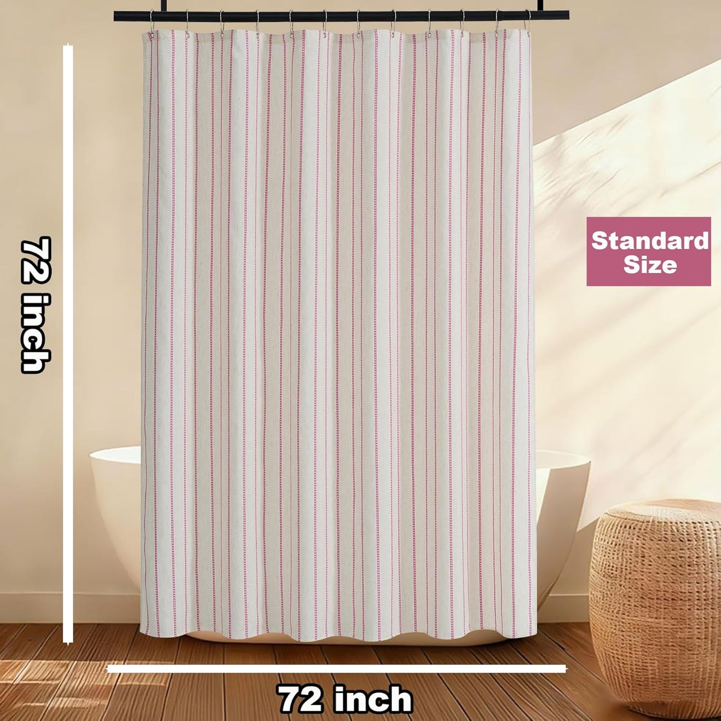 PROCIDA Pink Shower Curtain-Stripeddot Striped, 72x72 Inch Yarn Dyed Linen Blend Cloth Fabric Bathroom Curtain with 12 Metal Hooks, Bath Curtain for Modern Farmhouse Bathrooms