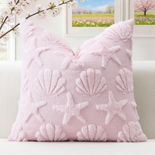 OTOSTAR Shell Starfish Throw Pillow Cover Set of 1 Beach Seaside Cushion Cover for Sofa 16x16 Inch Square Spring Summer Soft Plush Short Wool Velvet Pillowcase Holiday Decor Pink