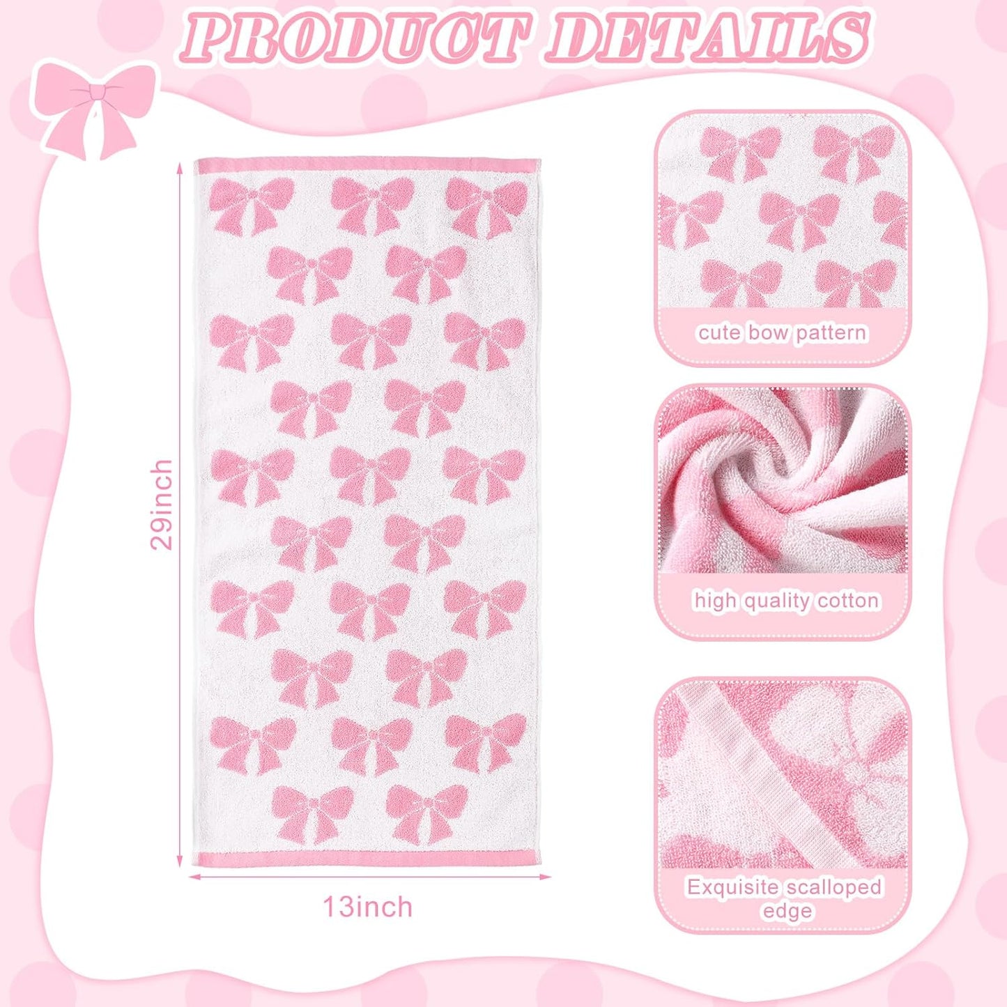 SmoothNovelty 4 Pcs Pink Bow Hand Towels for Bathroom 13 x 29'' Soft 100% Cotton Coquette Face Towel Valentine's Day Kitchen Decor Absorbent Preppy Bathroom Decor Bridal Shower Wedding Gift