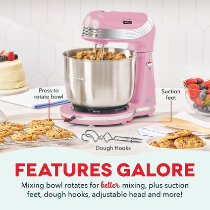 Dash Everyday Stand Mixer - Compact Tilt-Head Stand Mixer for Everyday Recipes - 6-Speed Power with Stainless Steel Bowl - Pink, 3-Quart