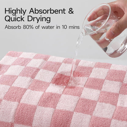 REDKISS 2 Piece Pink Checkered Bath Towels Set - 27”x55” Highly Absorbent 600GSM Pink Cotton Towels for Bathroom Decoration, Retro Checkered Design