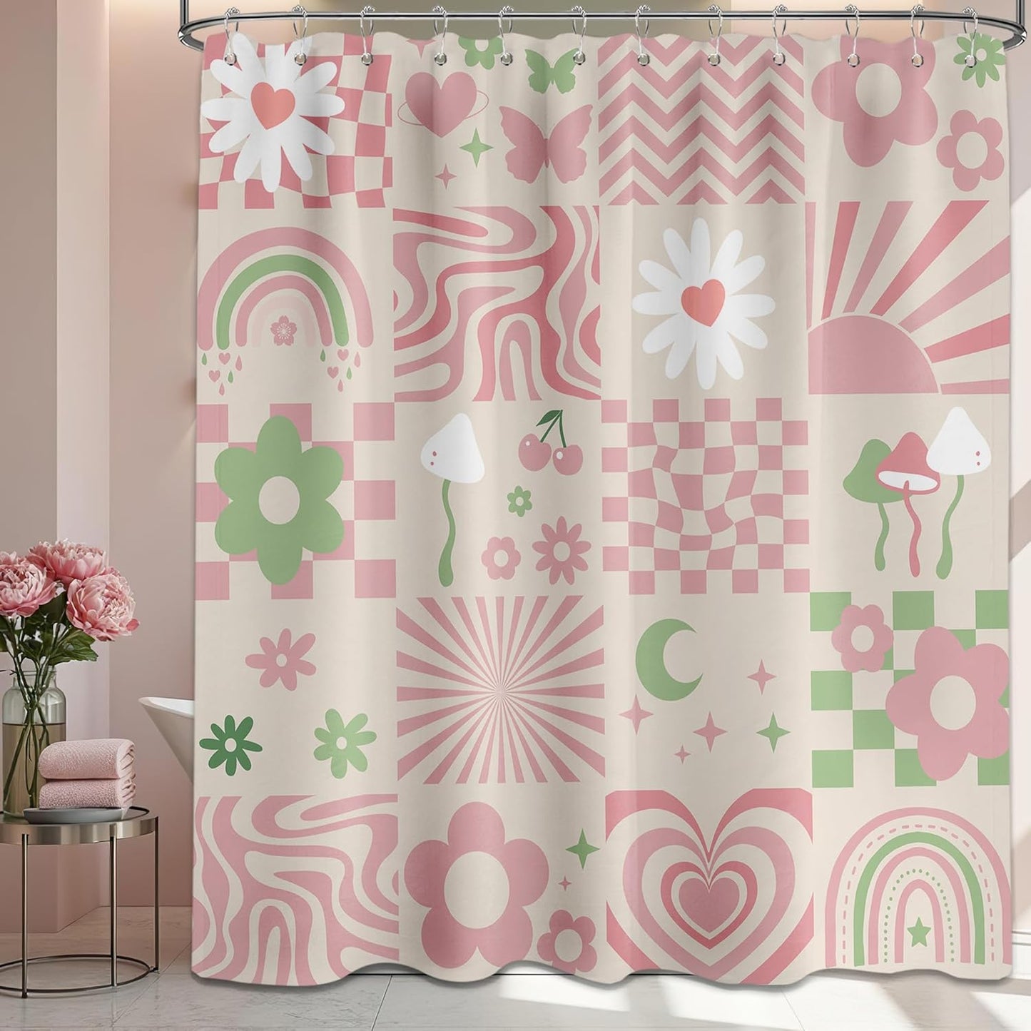 Cute Pink Shower Curtain Y2k Preppy Kawaii Girls Checkered Bathroom Decor, Waterproof Cloth Fabric with Hooks 70" W x 72" L