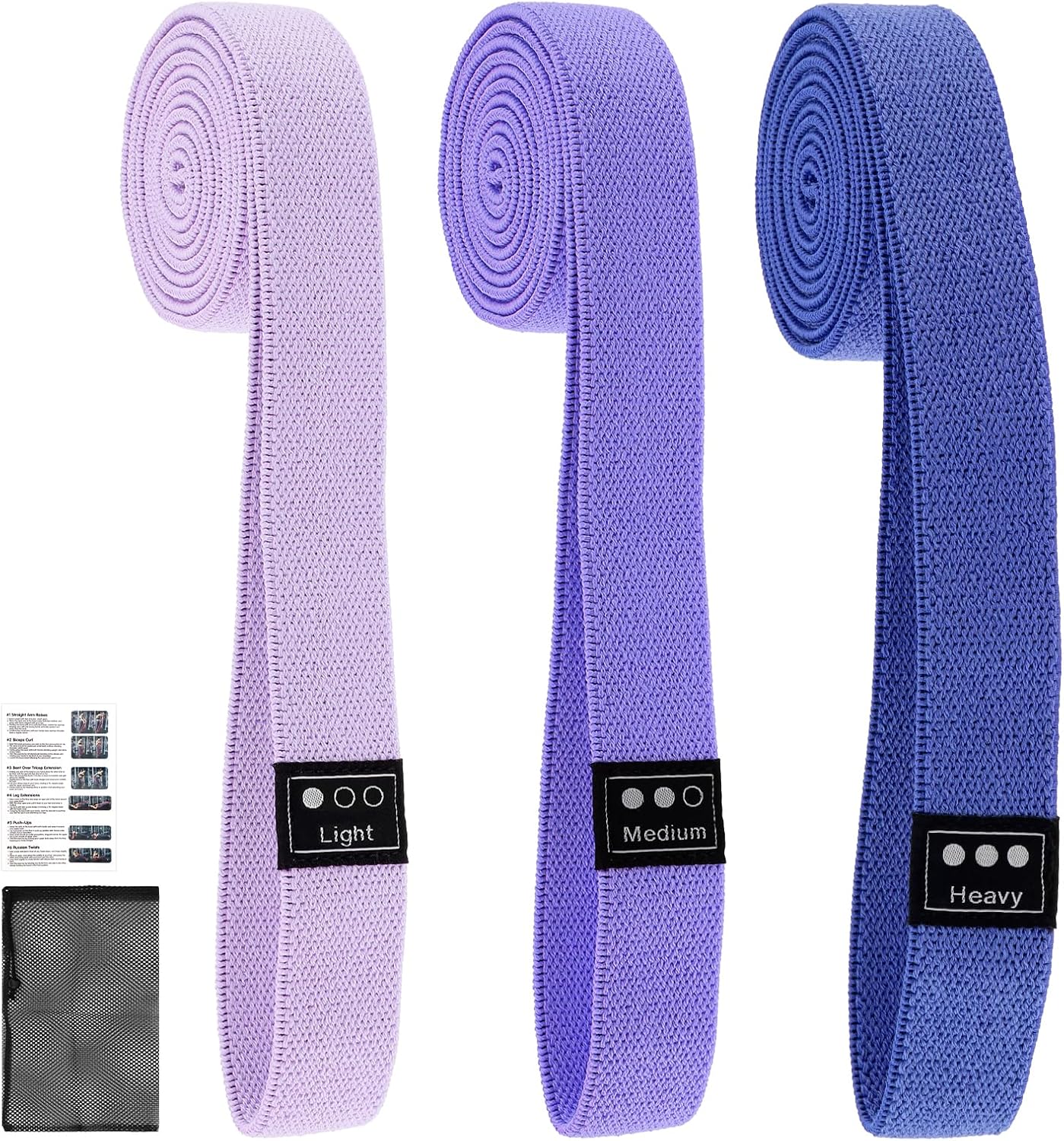 Fabric Resistance Bands - 3-Pack Set, Long Cloth Exercise Bands for Home Workout Strength Training, Yoga & Pilates | with Storage Bag