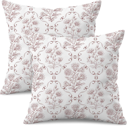 Vintage Floral Throw Pillow Covers 18x18 Set of 2, Soft Velvet Romantic Flower Cushion Cases, Muted Damask Patterned Pillowcases for Bedroom Sofa Decor (Dusty Rose Pink)