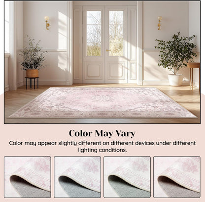 Rug 9x12 with Vintage Floral Printed Pattern Machine Washable Non-Slip Rugs for Living Room and Bedroom Peach Pink