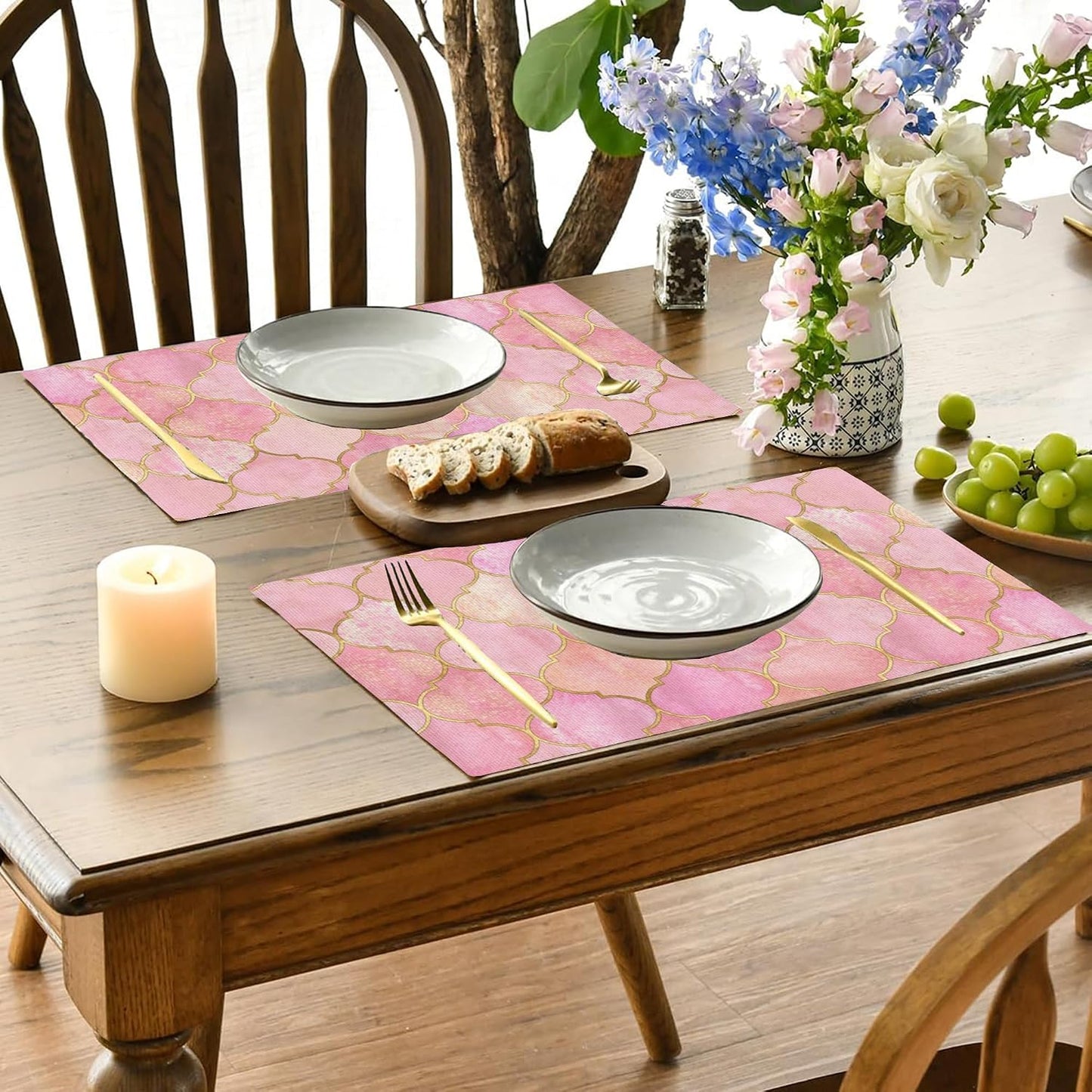 Vintage Pink Geometric Placemats Set of 4, 12x18 Inch Non-Slip Washable Heat Resistant Linen Fabric Table Mats,Place Mats for Holiday Party