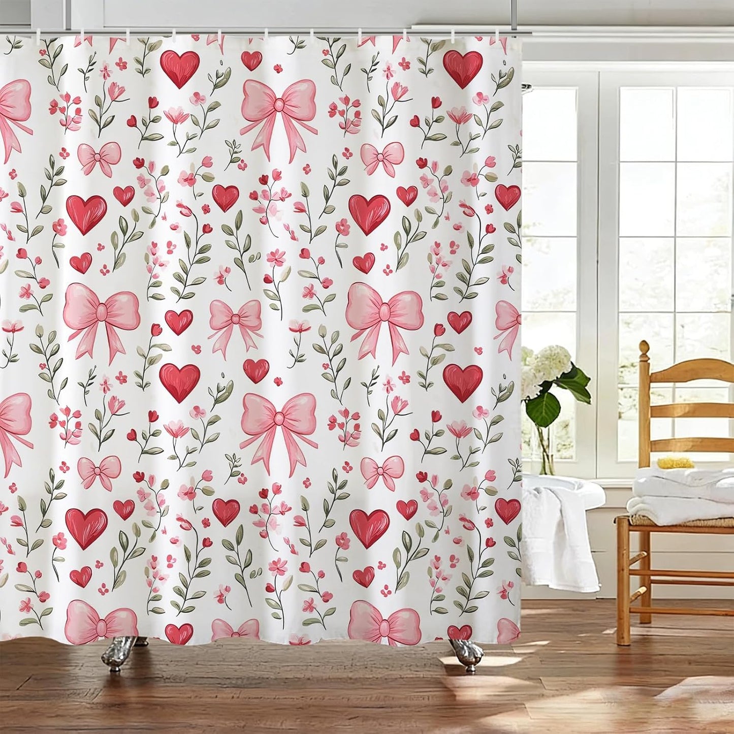 Baccessor Pink Bows Shower Curtain,Pink Love Hearts Bows Girly Shower Curtains Bathroom Bath Home Valentines Day Decor Waterproof Polyester Fabric with Hooks 72 W x72 H Inch