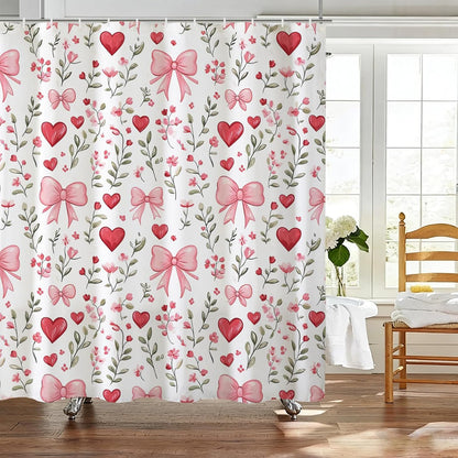 Baccessor Pink Bows Shower Curtain,Pink Love Hearts Bows Girly Shower Curtains Bathroom Bath Home Valentines Day Decor Waterproof Polyester Fabric with Hooks 72 W x72 H Inch
