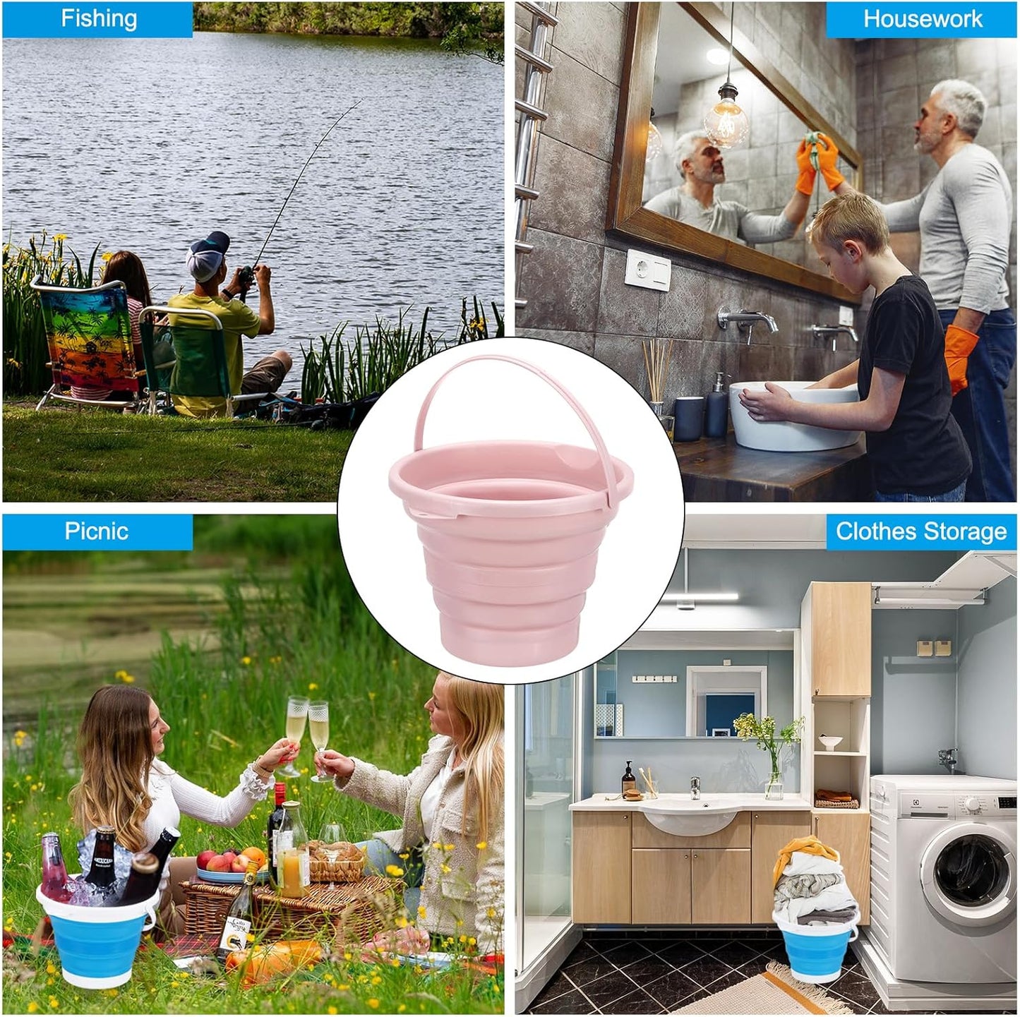 PATIKIL Collapsible Bucket 5L/1.3Gallon, Small Foldable Bucket Portable Plastic Round Tub for House Cleaning Car Washing Camping Fishing, Light Pink