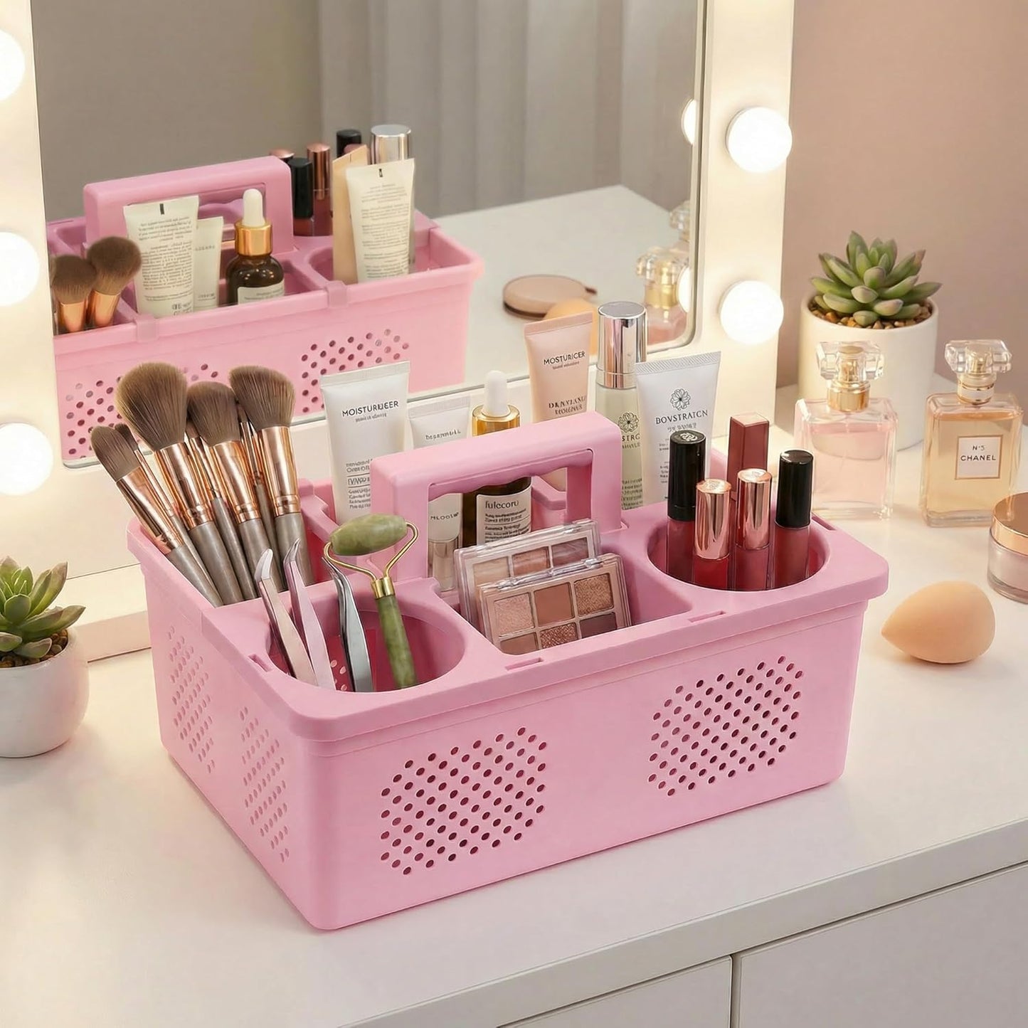 KMV Dorm Room Portable Shower Caddy with Adjustable Compartments - Ventilated Drainage Design with Handles, Perfect Toiletries Organizer for College Dorms-pink