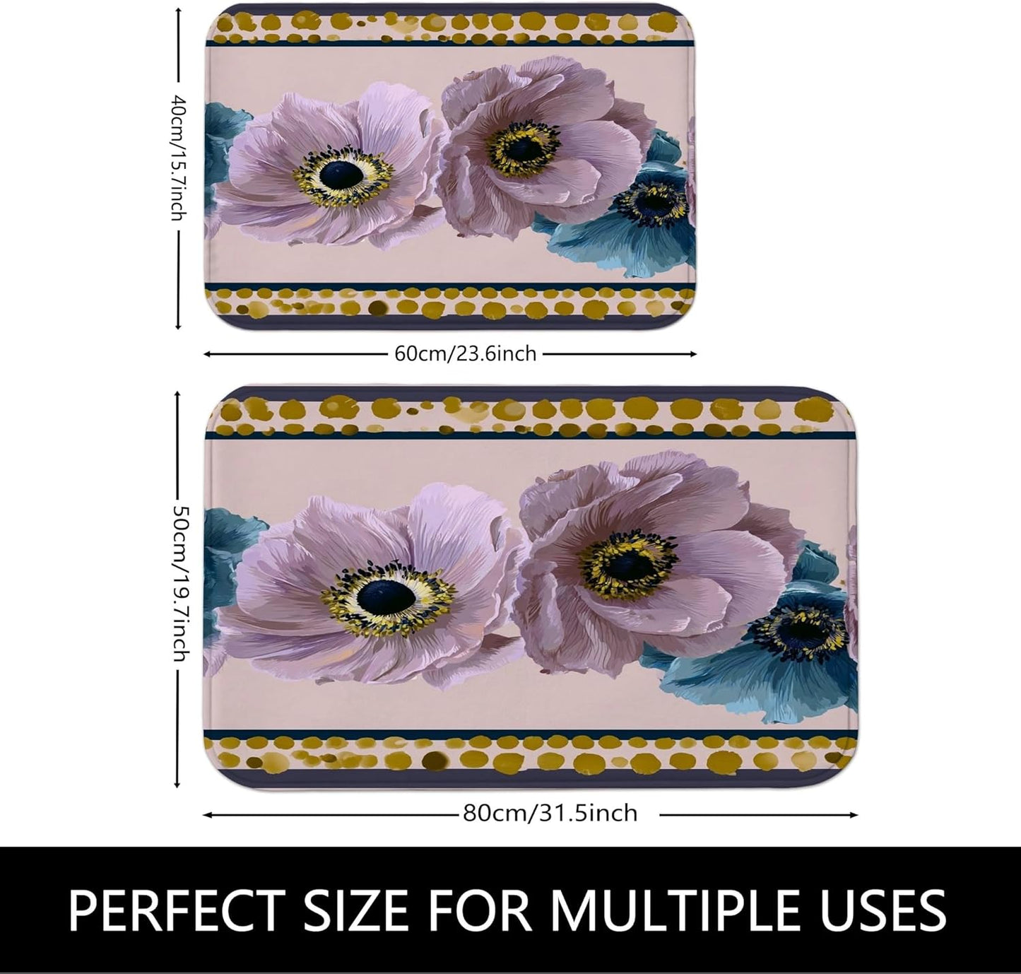 Botanical Floral Quick Dry Bath Mat, Elegant Peach & Blue Flowers Decorative Non Slip Shower Mat, Spring Memory Foam Washable Bath Rugs for Bathroom Toilet Restroom Essentials 20x32 Inch