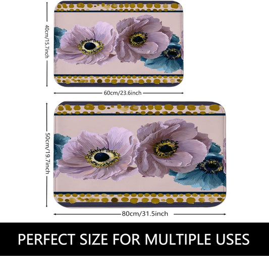 Botanical Floral Quick Dry Bath Mat, Elegant Peach & Blue Flowers Decorative Non Slip Shower Mat, Spring Memory Foam Washable Bath Rugs for Bathroom Toilet Restroom Essentials 20x32 Inch