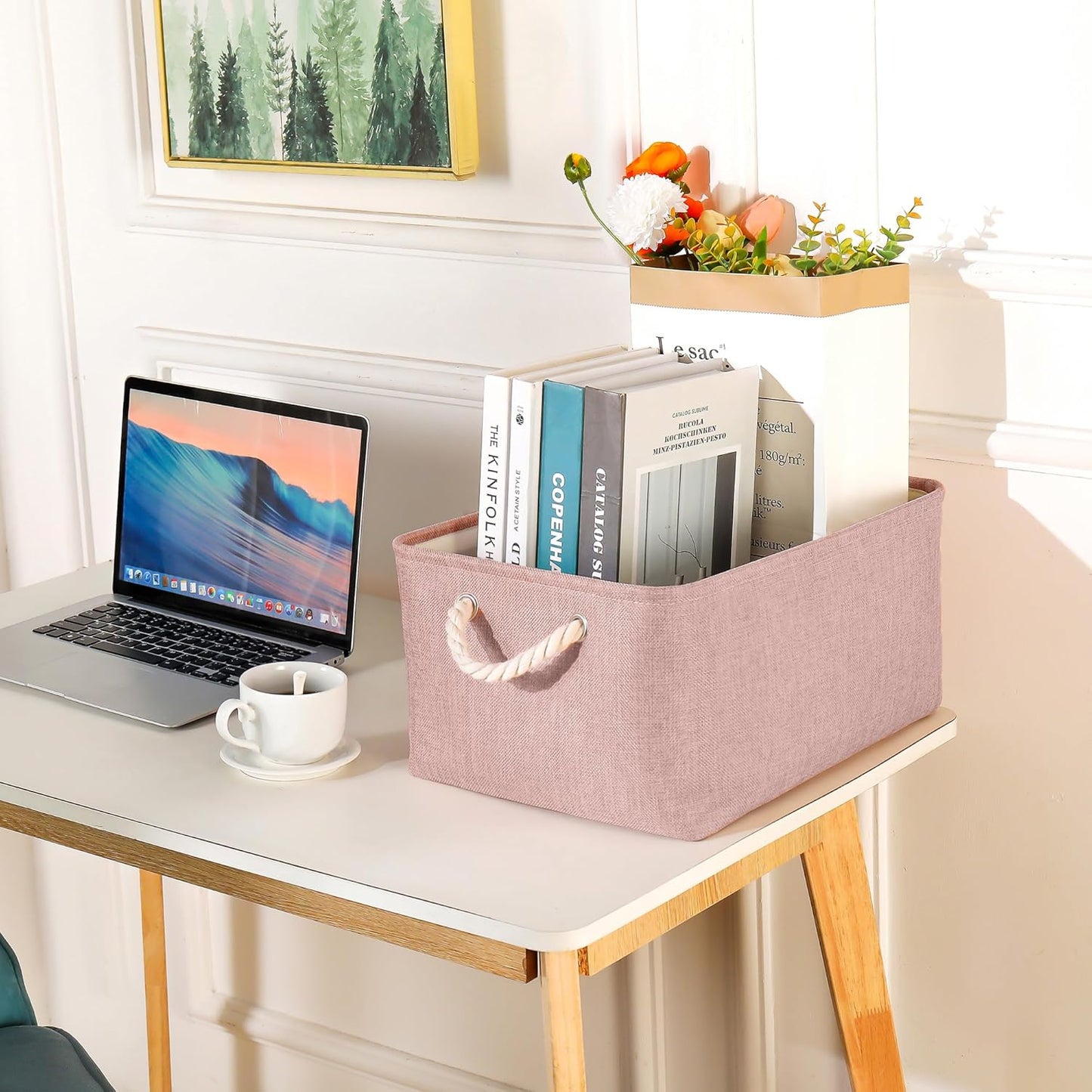 Storage Bins with Sturdy Cotton Handles(1 Pack), Fabric Storage Baskets for Organizing use for Office & Home, Book, Clothes, Toys, Closet Boxes (Small, Pink, 12.2x8.3x6.3 inches)