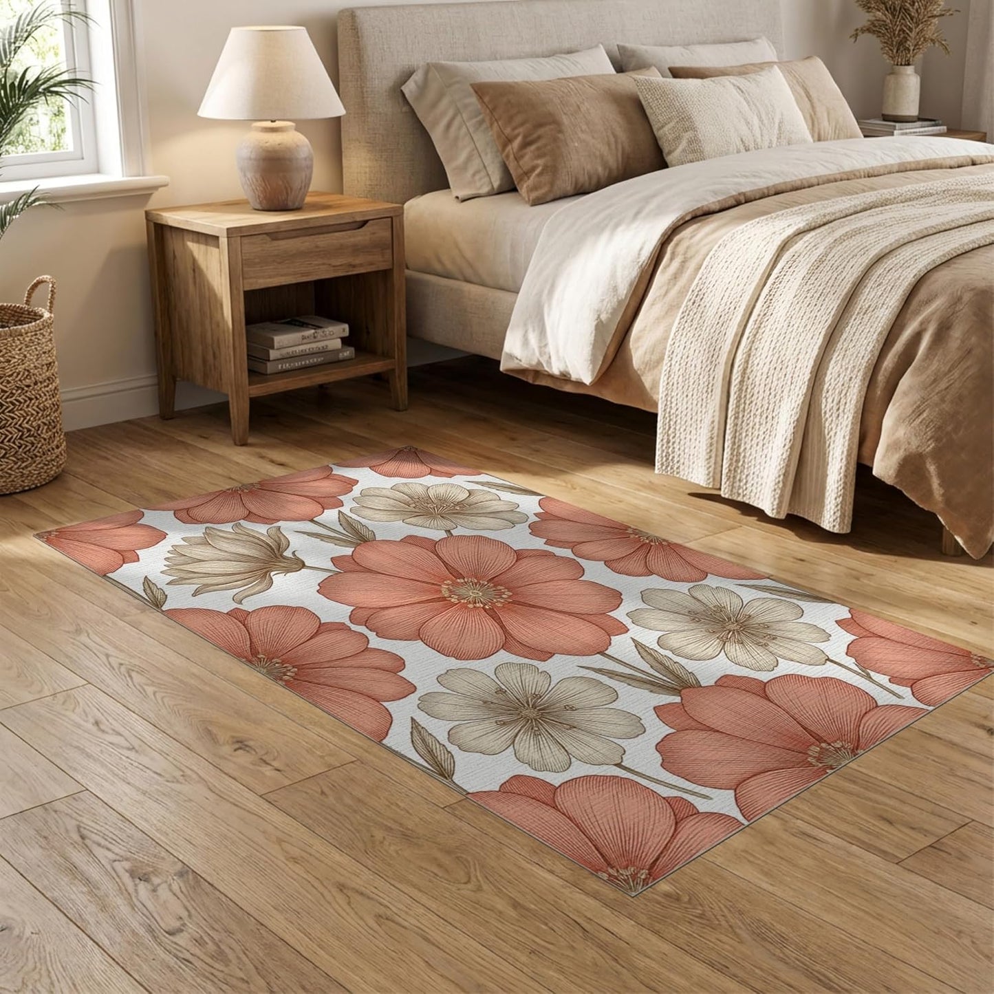 5'x7' Washable Flatwoven Rug, Peach Modern Floral Stain Resistant Area Rug for Guest Room, Lounge, Apartment, Non-Slip Low Profile Floor Covering | Ref:2129430