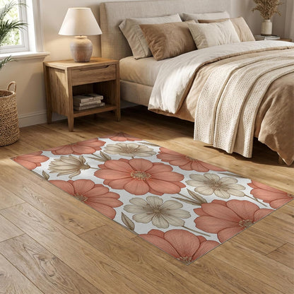 5'x7' Washable Flatwoven Rug, Peach Modern Floral Stain Resistant Area Rug for Guest Room, Lounge, Apartment, Non-Slip Low Profile Floor Covering | Ref:2129430