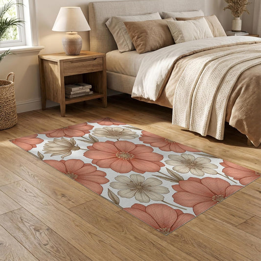 5'x7' Washable Flatwoven Rug, Peach Modern Floral Stain Resistant Area Rug for Guest Room, Lounge, Apartment, Non-Slip Low Profile Floor Covering | Ref:2129430