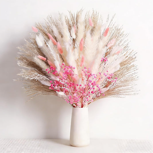 Bunny Tails Dried Flowers Bouquet Nature Colorful Pampas Grass with Baby Breath Dry Flowers for Home Room Valentines Day Table Wedding Decor (Pink)