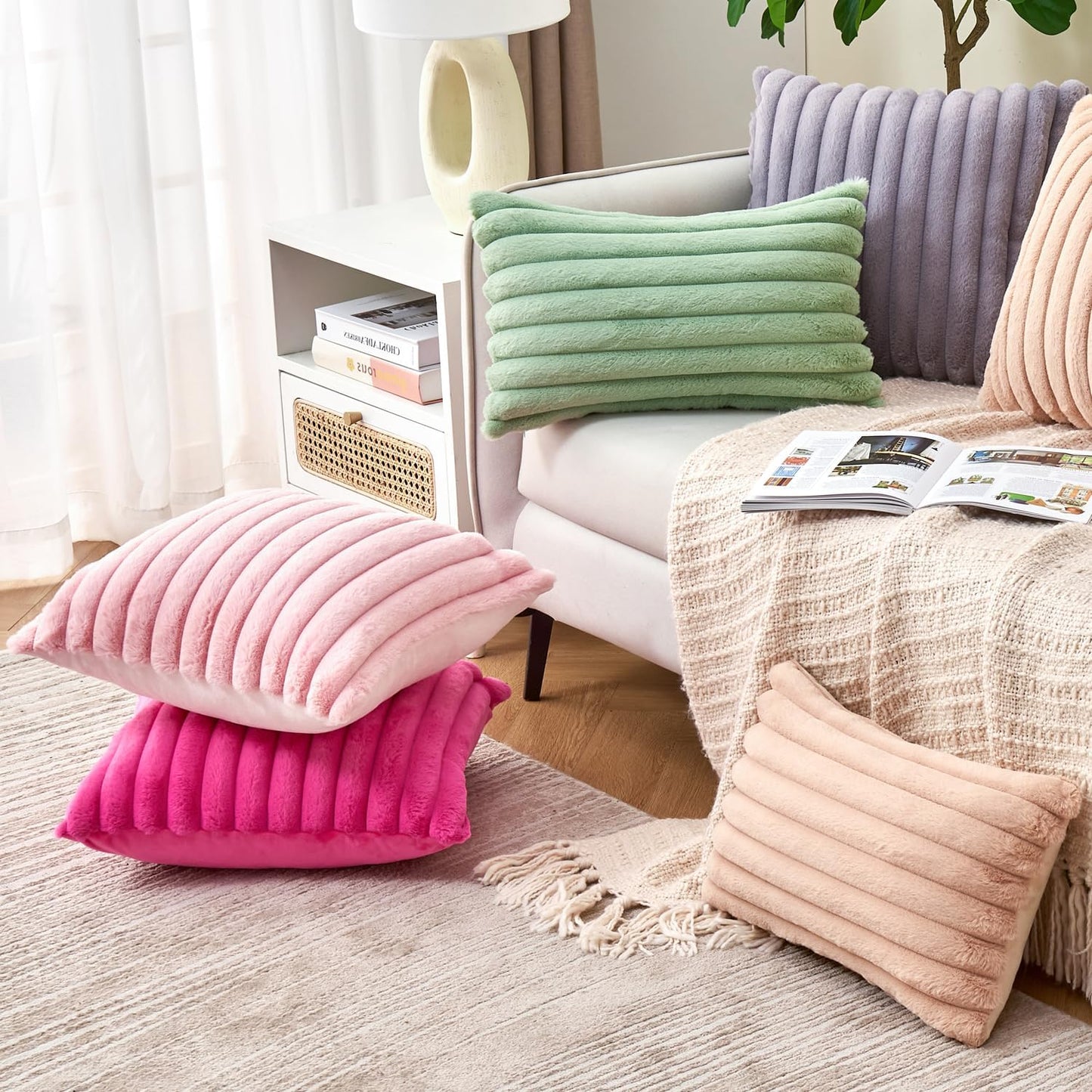 Throw Pillow Covers Decorative Faux Fur Set of 2 20x20 Inch Pillow Covers, Soft Pink Striped Pillowcases for Couch Sofa Bed Living Room, Fluffy Cute Home Boho Accent Fuzzy Decor