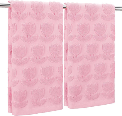AnyDesign 2Pcs Tulip Hand Towels Jacquard Cotton Bath Towel Spring Pink Floral Flower 3D Decorative Kitchen Dish Towel for Summer Home Bathroom Kitchen Decor Gift Set, 29.5 x 13.8 Inch