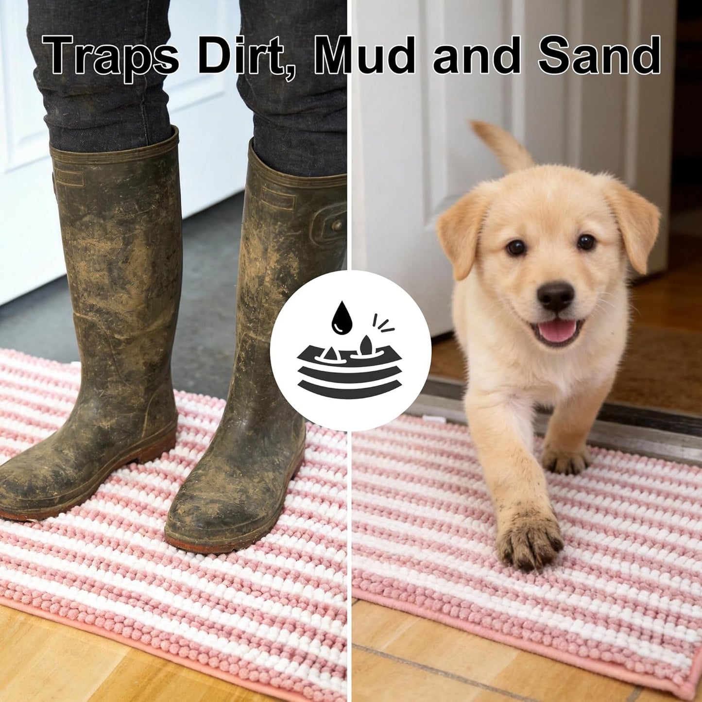 pobopobo Dog Door Mat for Muddy Paws - Absorbent & Washable Chenille Rug, Non-Slip Dirt Trapper for Indoor Outdoor Entryway, Quick Dry Pet Mat for Muddy Dogs (Striped Pink&White, 24" x 16")