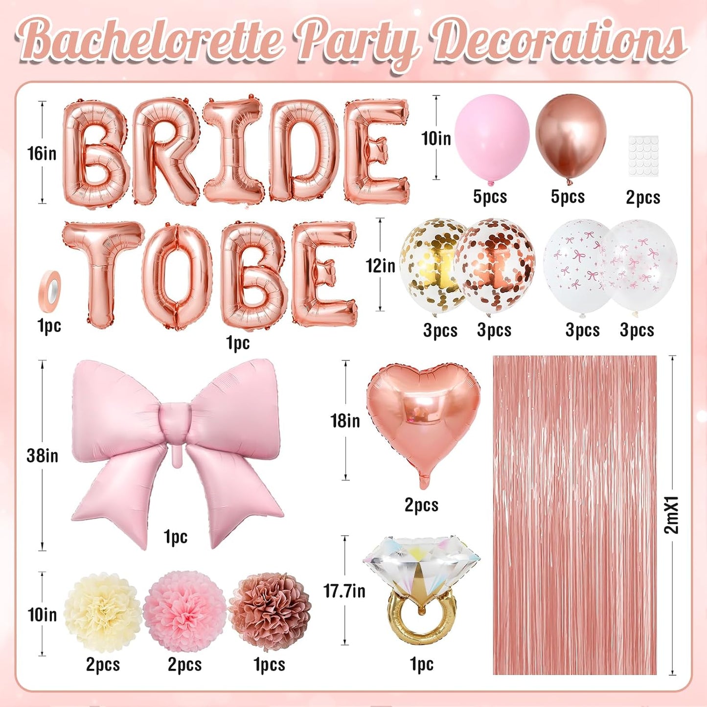 Rose Gold Bachelorette Party Decorations, Bride To Be Bridal Shower Balloons Pink Bow Ring Heart Balloon Bow Print Gold Confetti Balloon Fringe Curtain Paper Pompom for Bachelorette Engagement Wedding
