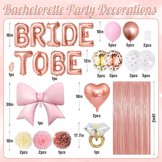 Rose Gold Bachelorette Party Decorations, Bride To Be Bridal Shower Balloons Pink Bow Ring Heart Balloon Bow Print Gold Confetti Balloon Fringe Curtain Paper Pompom for Bachelorette Engagement Wedding