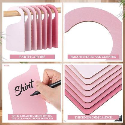 Patelai 14 Pcs Blank Wooden Clothing Rack Divider with Marker Pen Closet Blank Organizers Hanger Separators Hanging Closet Divider for Home Nursery Clothes(Pink)