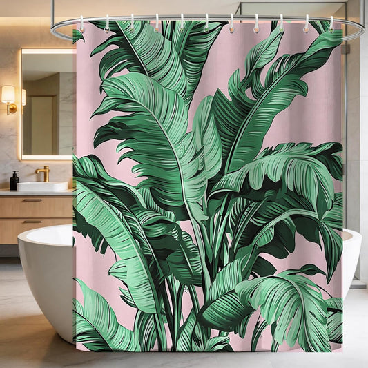 Tropical Shower Curtain, Botanical Shower Curtains for Bathroom Clearance, Pink Bathroom Curtain Set, Palm Tree Decorative Bath Curtains, Waterproof, with Hooks, Machine Washable 72x72 in