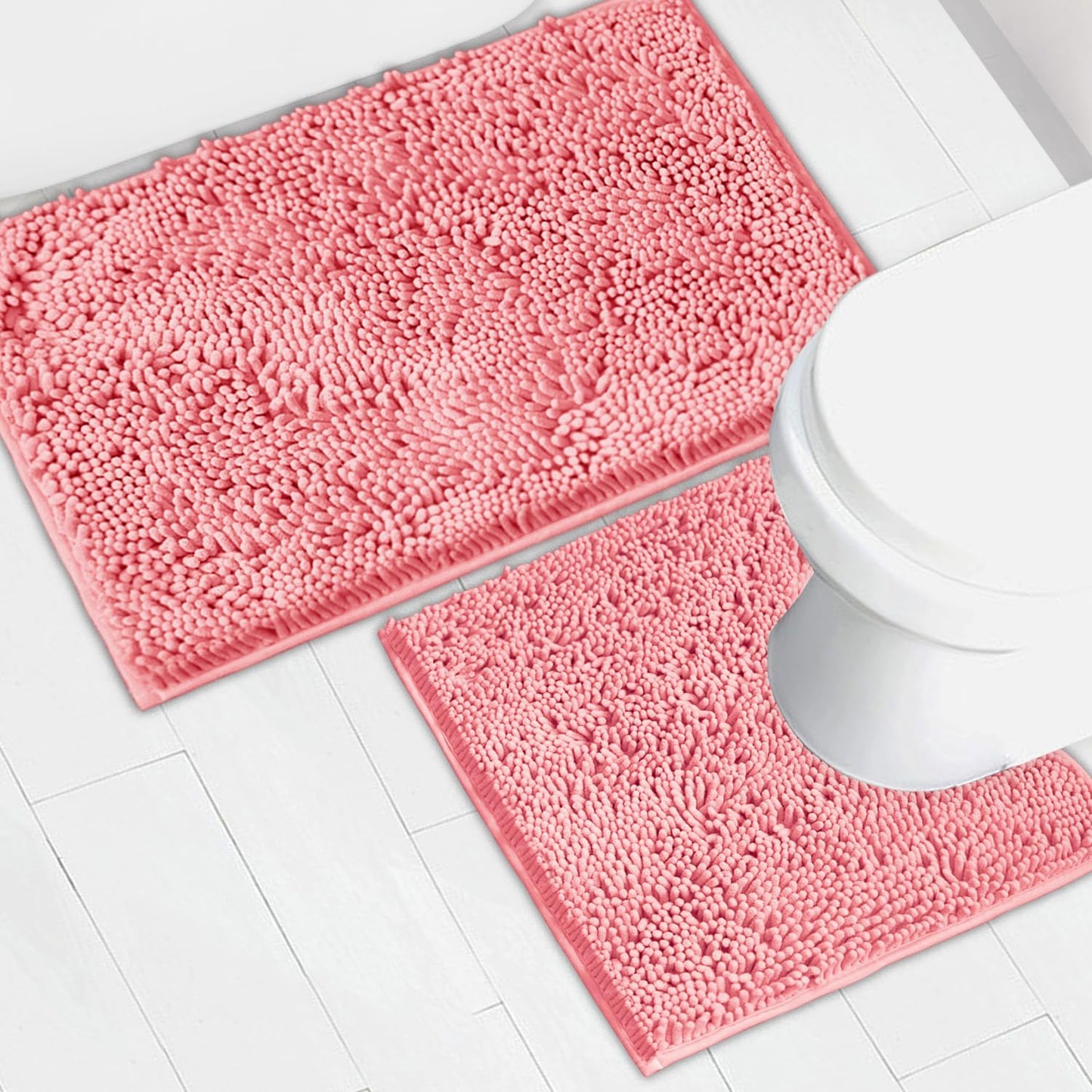 Bathroom Rugs Chenille Bath mat 2 Piece Set, Super Absorbent, Strong PVC Non Slip Backing, Bath mats for Bathroom, Plush Shaggy, Thick, Machine Washable, Bathtub, Shower, Toilet.(Pink)