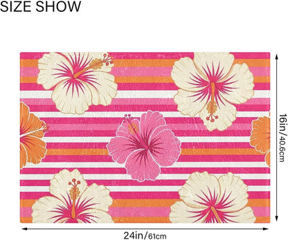 Burbuja Hibiscus Pink Stripes Bath Mat Rug, Extra Soft Absorbent Bathroom Rug with Non-Slip Backing for Bathroom Floor Tub Shower, 16x24 in