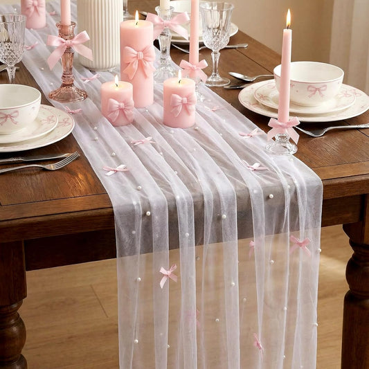 Pink Bow Pearl Table Runner 30 x 120 Inch Tulle Lace Table Runner Gauze Sheer Coquette Boho Wedding Centerpiece Decor for Baby Shower Bridal Party Wedding Arch Veil Birthday Decor