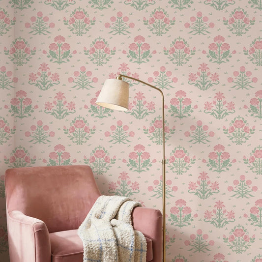 Pink Wallpaper Stick and Peel, Pink Floral Wallpaper Boho Girly Wall Paper Decorative Self Adhesive for Nursery Bedroom Bathroom 17.3" x 78.7"