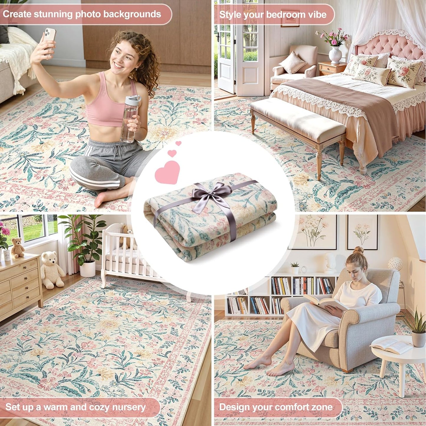 Wonnitar Washable Area Rug 6x9, Pink Floral Rugs for Bedroom Girls Soft Living Room Carpet Ultra-Thin, Boho Non Slip Non-Shedding Pastel Nursery Carpet for Kids Room Playroom Dorm