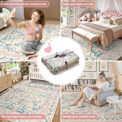Wonnitar Washable Area Rug 6x9, Pink Floral Rugs for Bedroom Girls Soft Living Room Carpet Ultra-Thin, Boho Non Slip Non-Shedding Pastel Nursery Carpet for Kids Room Playroom Dorm