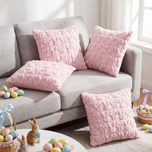 Moukeren Bow Pillow Covers 18x18 Inch Set of 4, Cute Bunnies & Bowknot Design, Soft Plush Coquette Room Decor, Fluffy Spring Decorative Pillowcases for Couch Bed Sofa Living Room(Light Pink)