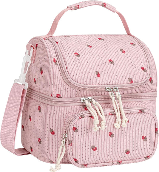 HowFly Lunch Bag for Women Insulated Lunch Boxes Corduroy Resuable Double Deck Lunch Box for Girls Teens Kigs Boys Portable Thermal Cooler Bags for School Work, Pink Strawberry (Red)