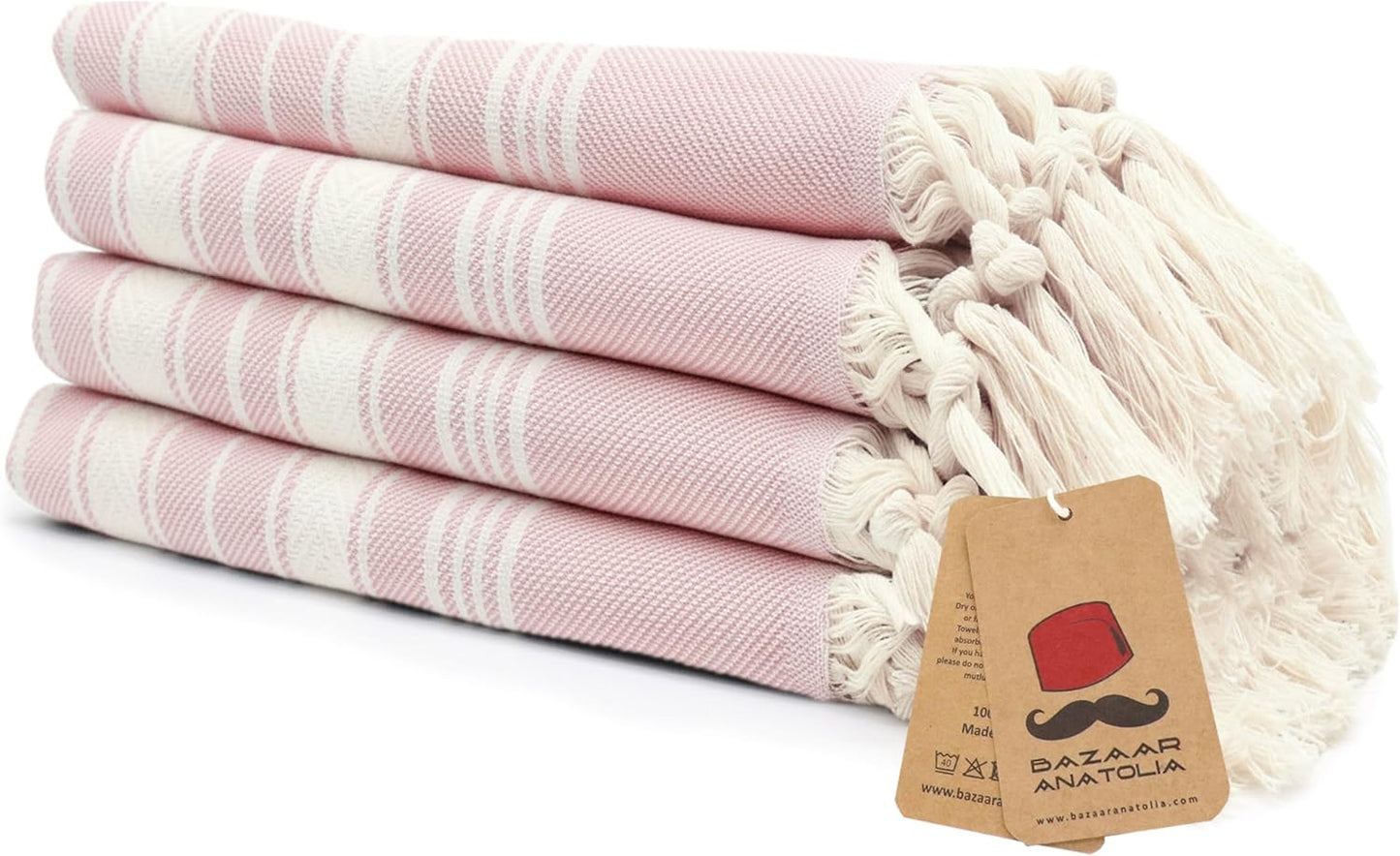 Bazaar Anatolia Hand Towels - Set of 4 | 39" x 19" - Decorative Turkish Hand Towel for Bathroom, 100% Cotton, Kitchen, Face, Hair, Tea, Dishcloth, Pink Towels - Stripe Pink