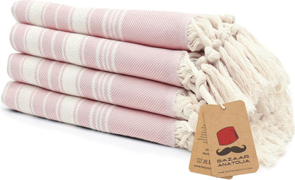 Bazaar Anatolia Hand Towels - Set of 4 | 39" x 19" - Decorative Turkish Hand Towel for Bathroom, 100% Cotton, Kitchen, Face, Hair, Tea, Dishcloth, Pink Towels - Stripe Pink