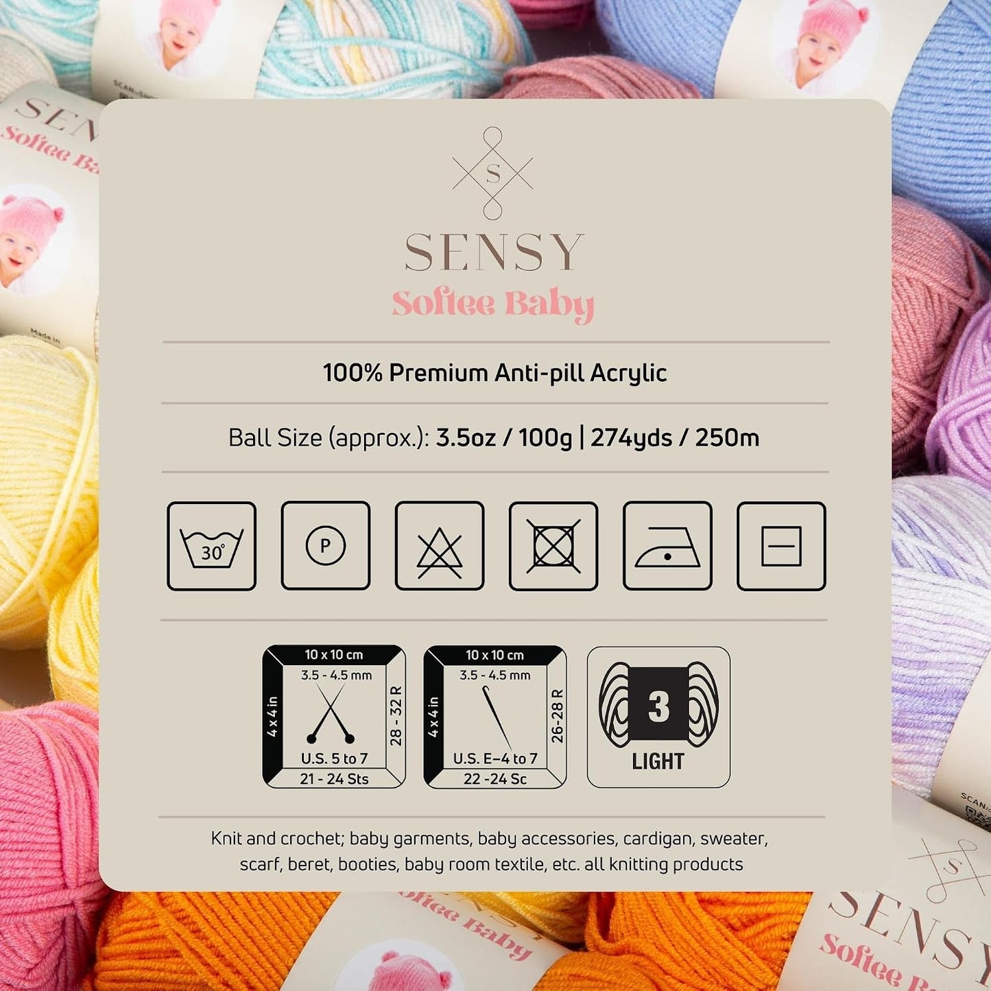 Sensy Softee Baby Yarn, 3.5 oz, 275 Yards, Gauge 3 Light (Salmon)