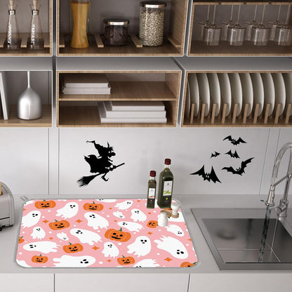 JarThenaAMCS Halloween Dish Drying Mat Pink Pumpkin Ghost Absorbent Dish Drainer Protector Pad for Kitchen Countertop Tableware Decor, 18 x 24 Inch