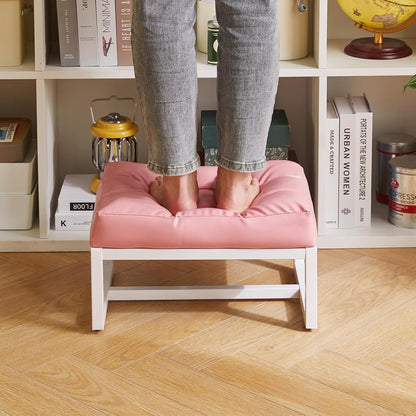 Aibiju Small Footstool, Rectangle Ottoman with Faux Leather Padded Seat, Change Shoes Bench, Sofa Footrest Extra Seating for Living Room Entryway Office, Pink YD-JD139P