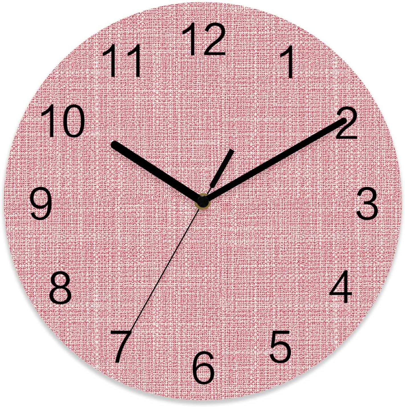 Coral Pink Linen Weave Wall Clock Battery Operated Non-Ticking 12" Round Wood Clocks, Soft Pastel Texture Kitchen Wall Clock for School Bathroom Living Room Home Office Wall Decor