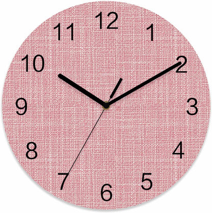 Coral Pink Linen Weave Wall Clock Battery Operated Non-Ticking 12" Round Wood Clocks, Soft Pastel Texture Kitchen Wall Clock for School Bathroom Living Room Home Office Wall Decor