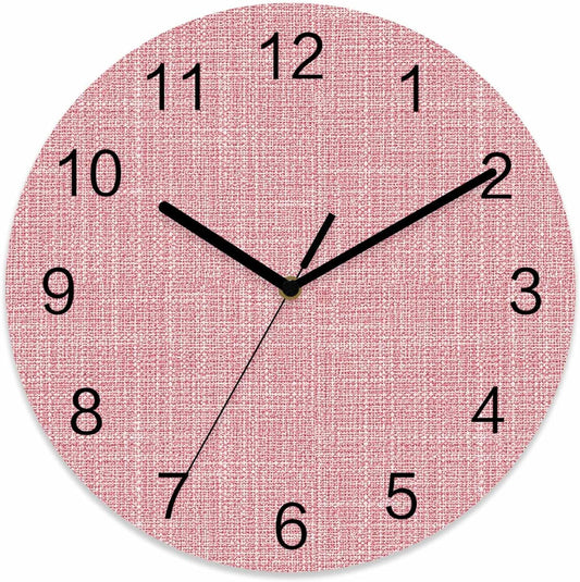 Coral Pink Linen Weave Wall Clock Battery Operated Non-Ticking 12" Round Wood Clocks, Soft Pastel Texture Kitchen Wall Clock for School Bathroom Living Room Home Office Wall Decor