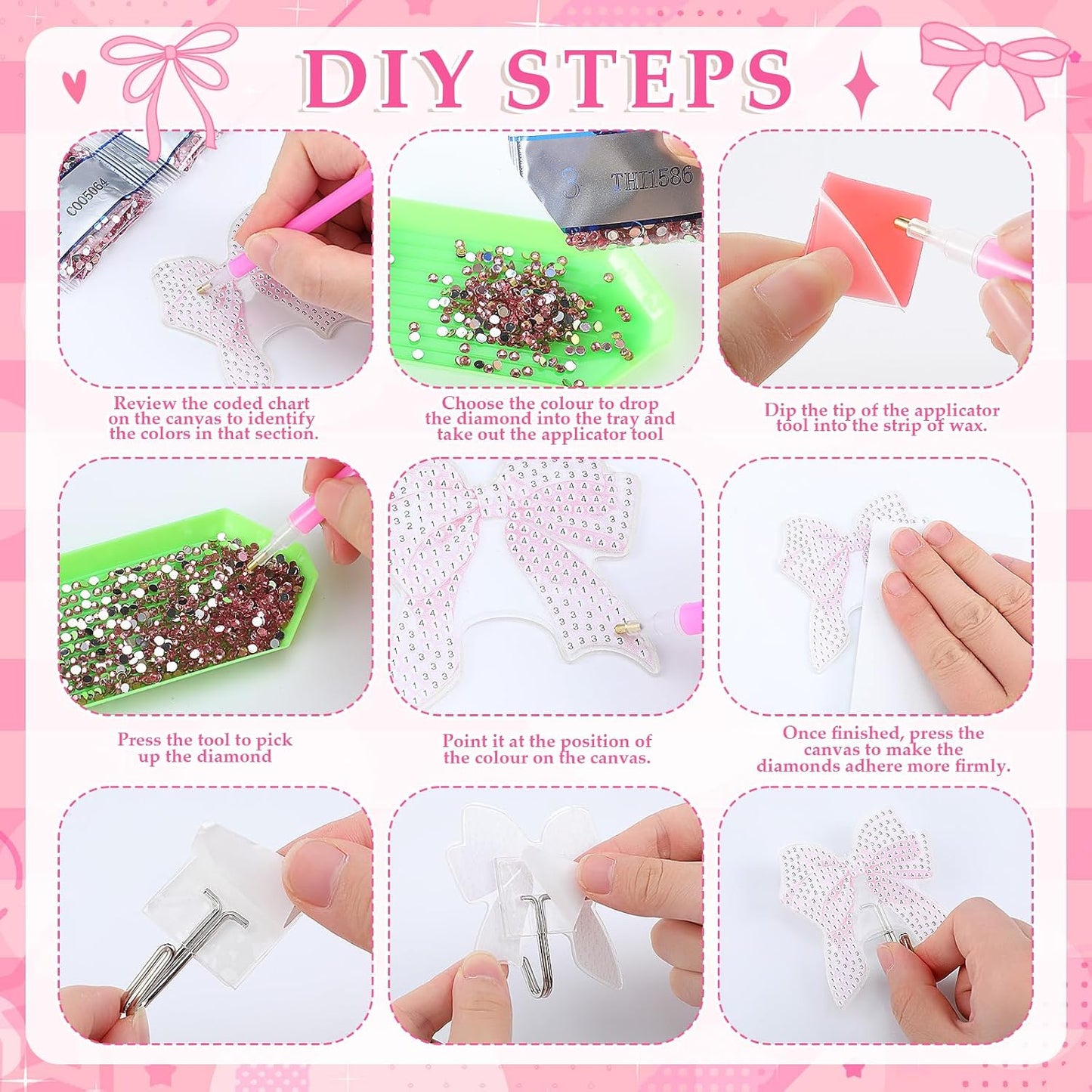 Landical 25 Pcs Pink Bow Diamond Painting Kits for Adults DIY Bowknot Diamond Art Painting Adhesive Hook Key Holder Rhinestone Dot Gem Coquette Art Kits Wall Hooks for Towel Hat Kitchen Decoration
