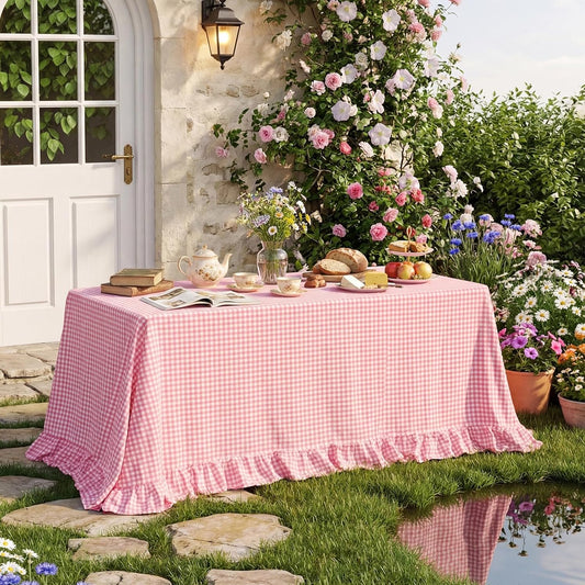 Eternal Beauty Gingham Ruffled Tablecloth 60x120 Inch, 100% Washed Cotton Plaid Table Cloth, Vintage Farmhouse Decor for Outdoor, Wedding, Party, Spring Picnic & Dining Room- Pink White